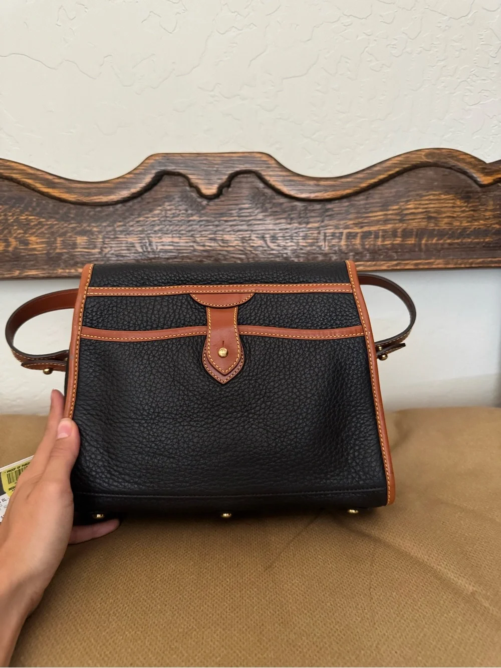 Dooney & Bourke Black Pebbled Leather Messenger with Brown Trim